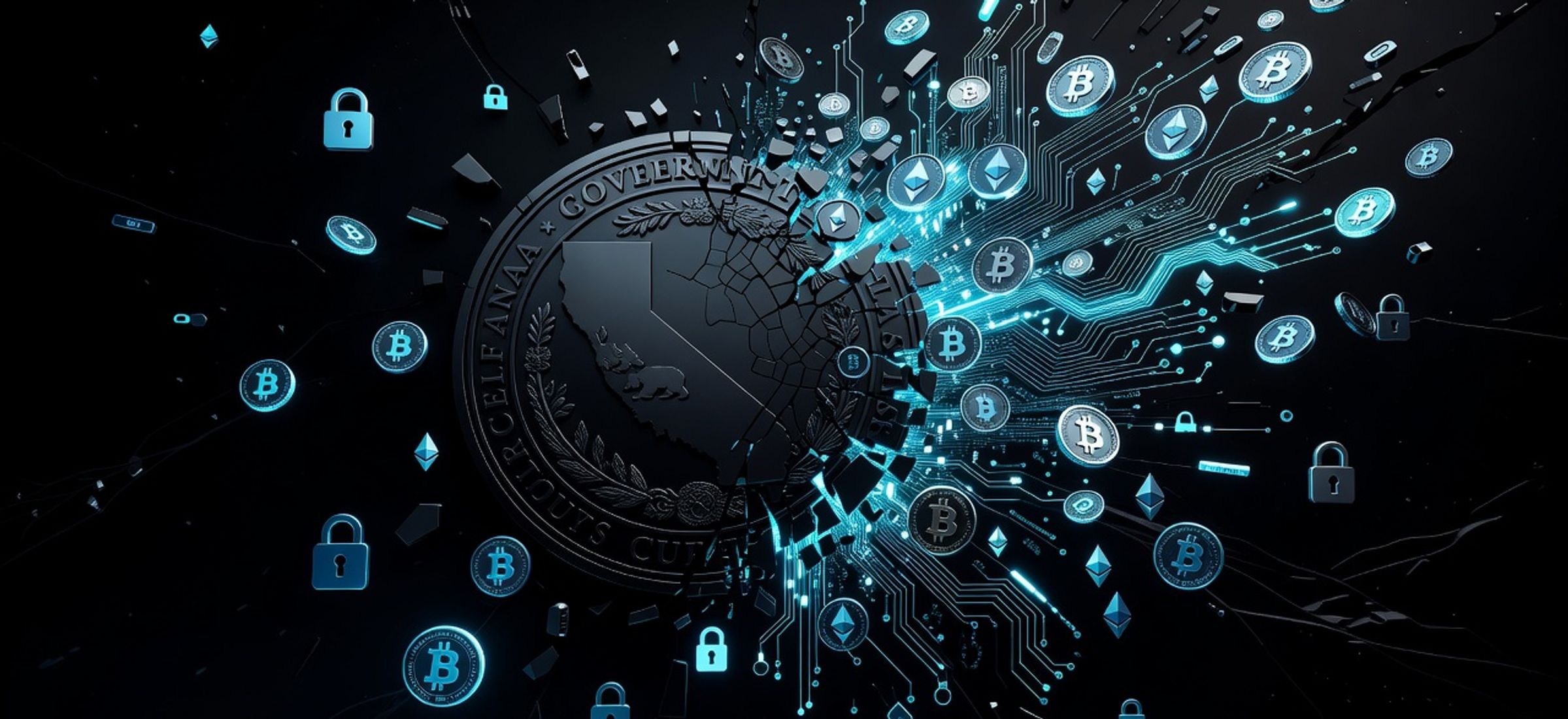 California regulatory compliance symbols dissolving into crypto circuit patterns on dark background