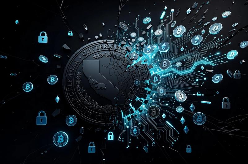 California regulatory compliance symbols dissolving into crypto circuit patterns on dark background
