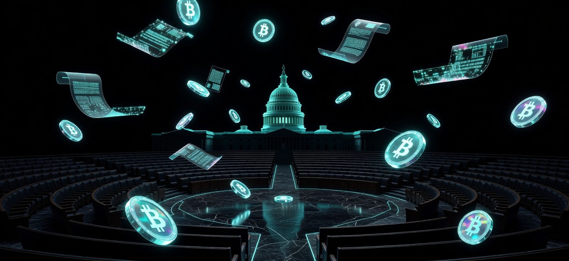 Abstract editorial illustration of a congressional chamber with floating glowing cryptocurrency symbols and tax documents, dark obsidian background, electric cyan neon accents