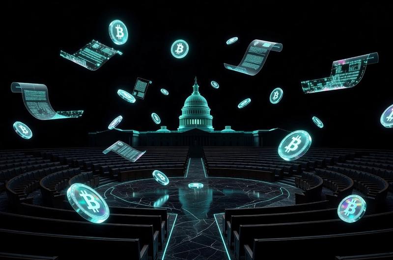 Abstract editorial illustration of a congressional chamber with floating glowing cryptocurrency symbols and tax documents, dark obsidian background, electric cyan neon accents