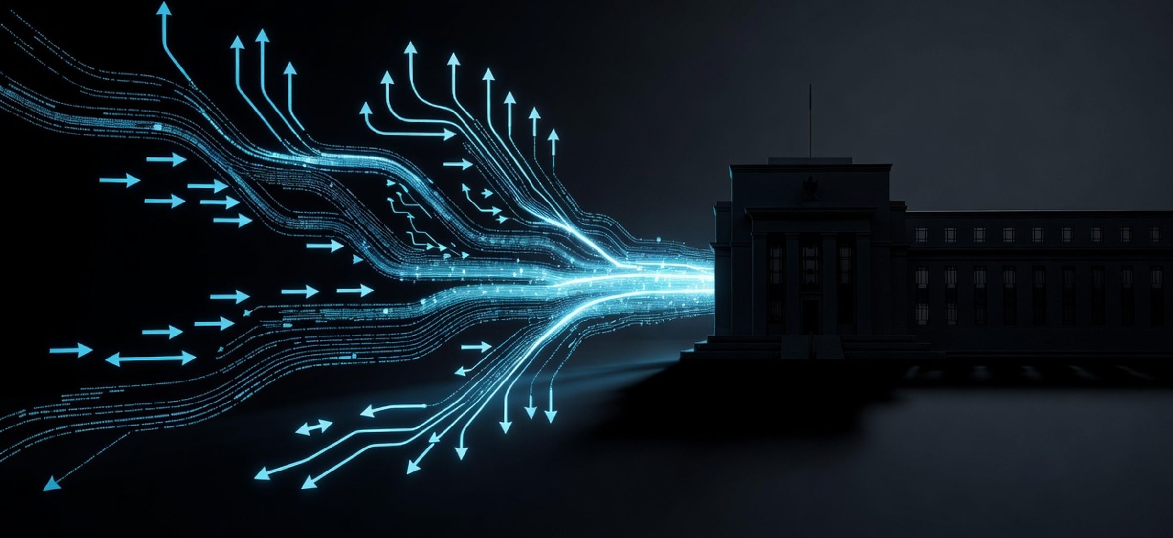 Bitcoin ETF flow indicators and Federal Reserve building, dark editorial financial illustration with cyan accents
