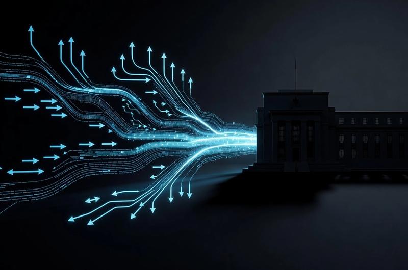 Bitcoin ETF flow indicators and Federal Reserve building, dark editorial financial illustration with cyan accents