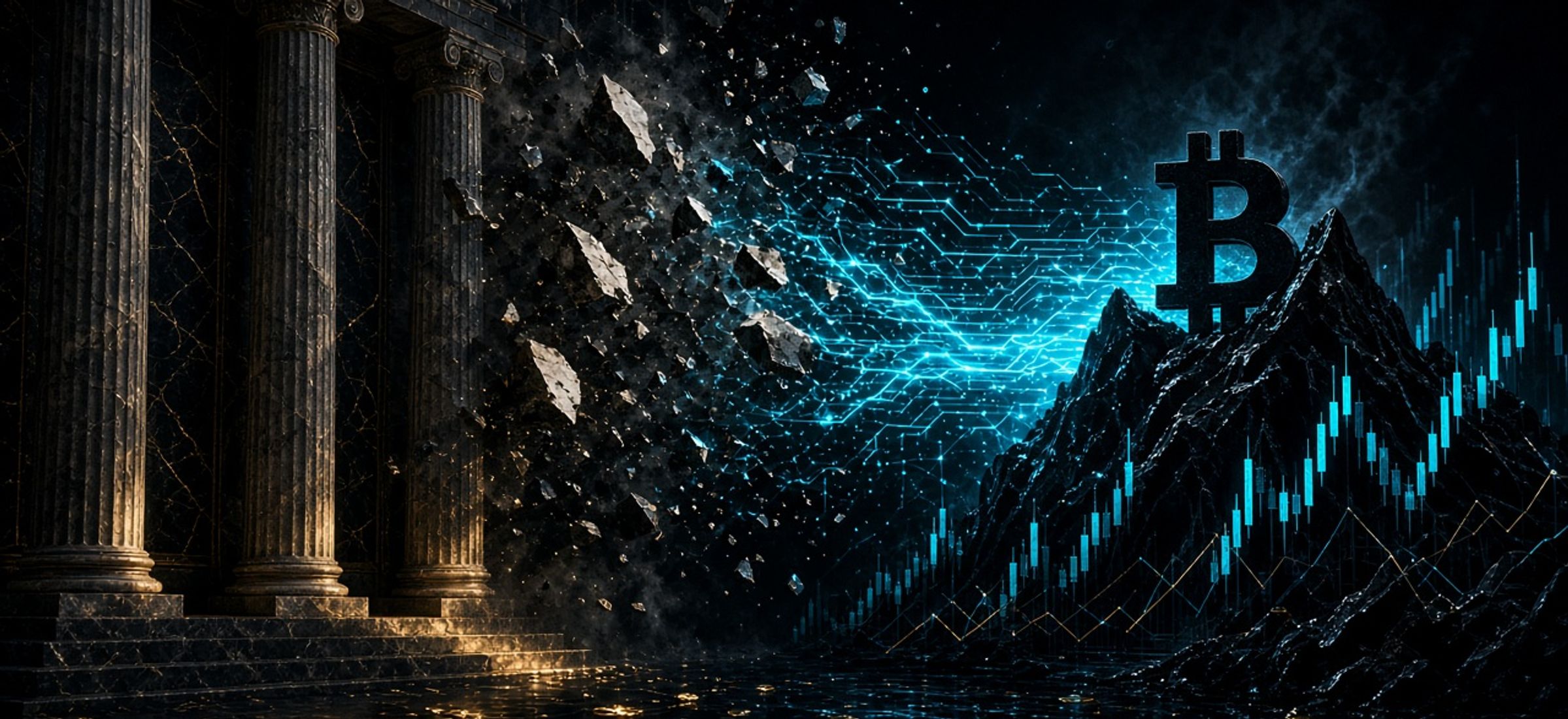Abstract Terminal Luxe illustration of classical columns dissolving into cyan circuitry beside a Bitcoin peak and candlestick chart