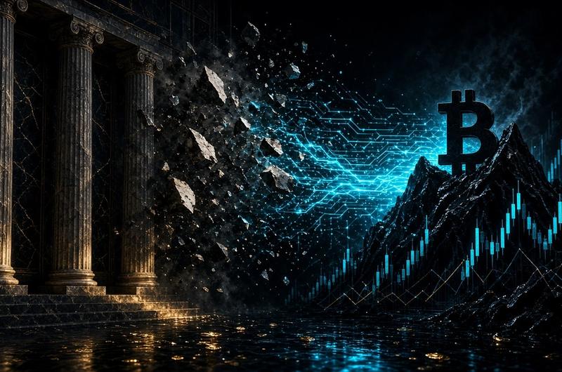 Abstract Terminal Luxe illustration of classical columns dissolving into cyan circuitry beside a Bitcoin peak and candlestick chart