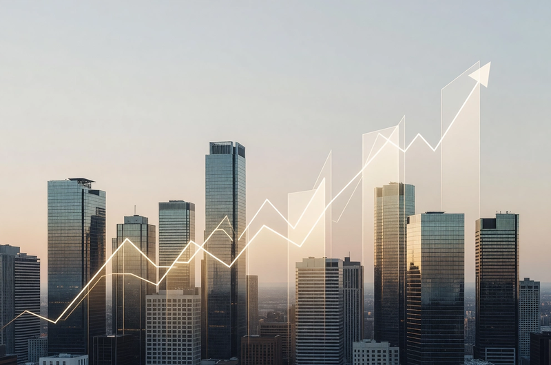 Bitcoin price chart rising against a city skyline at dawn, symbolizing the $80K breakout