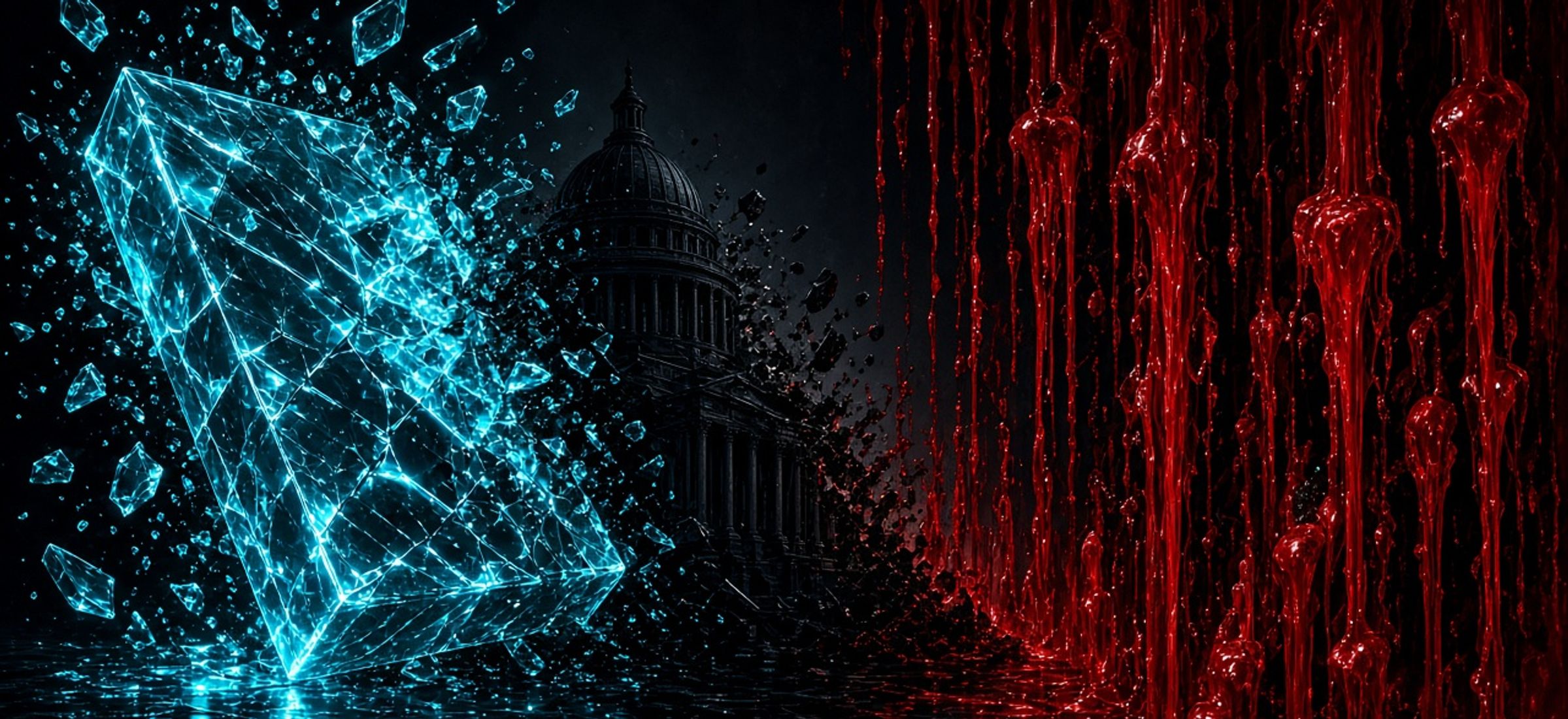 Dark Terminal Luxe illustration of a shattered cyan crystal bitcoin and red liquidations over an obsidian senate silhouette