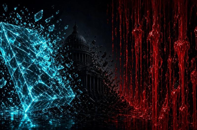 Dark Terminal Luxe illustration of a shattered cyan crystal bitcoin and red liquidations over an obsidian senate silhouette