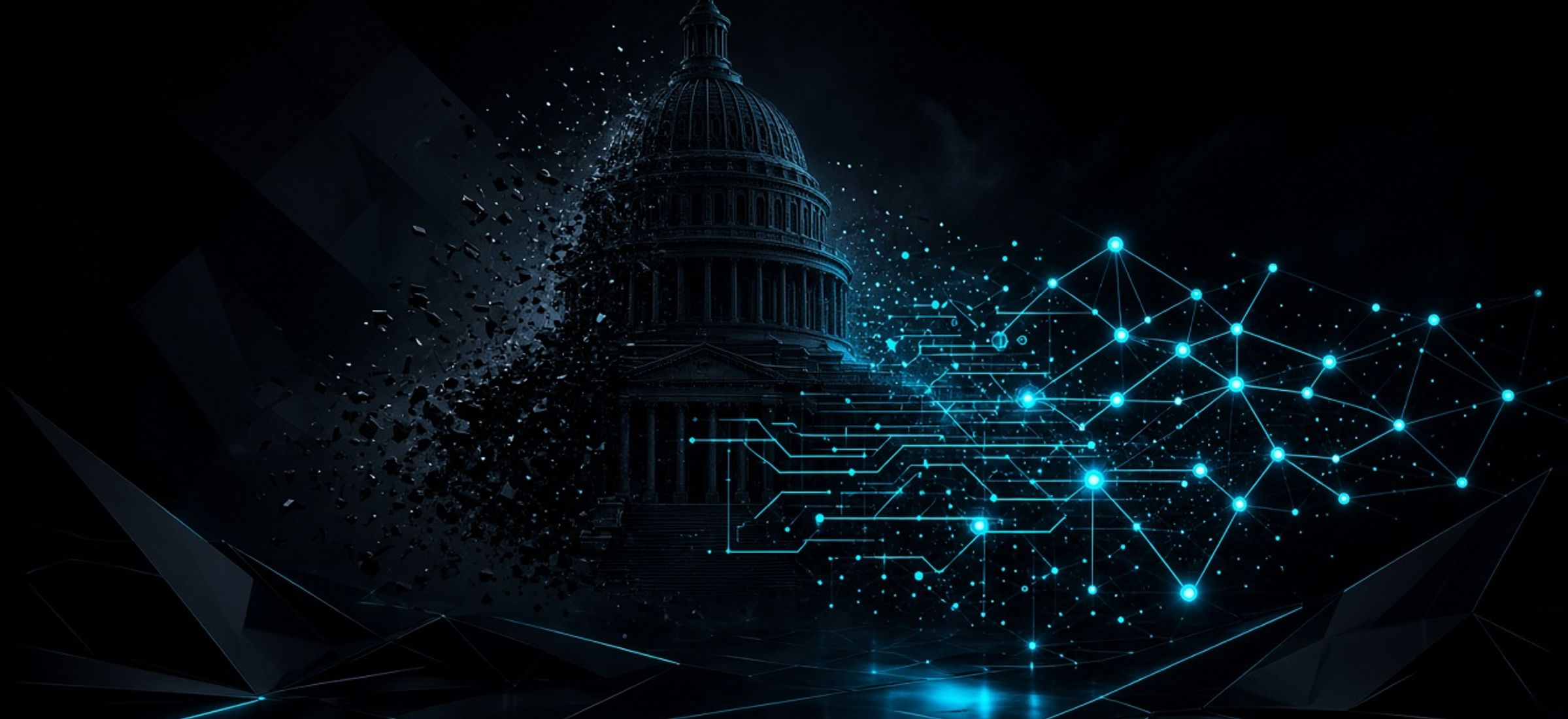 Obsidian Capitol dome dissolving into electric cyan DeFi network nodes