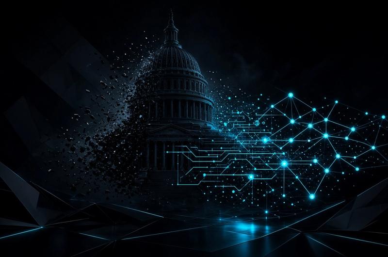 Obsidian Capitol dome dissolving into electric cyan DeFi network nodes