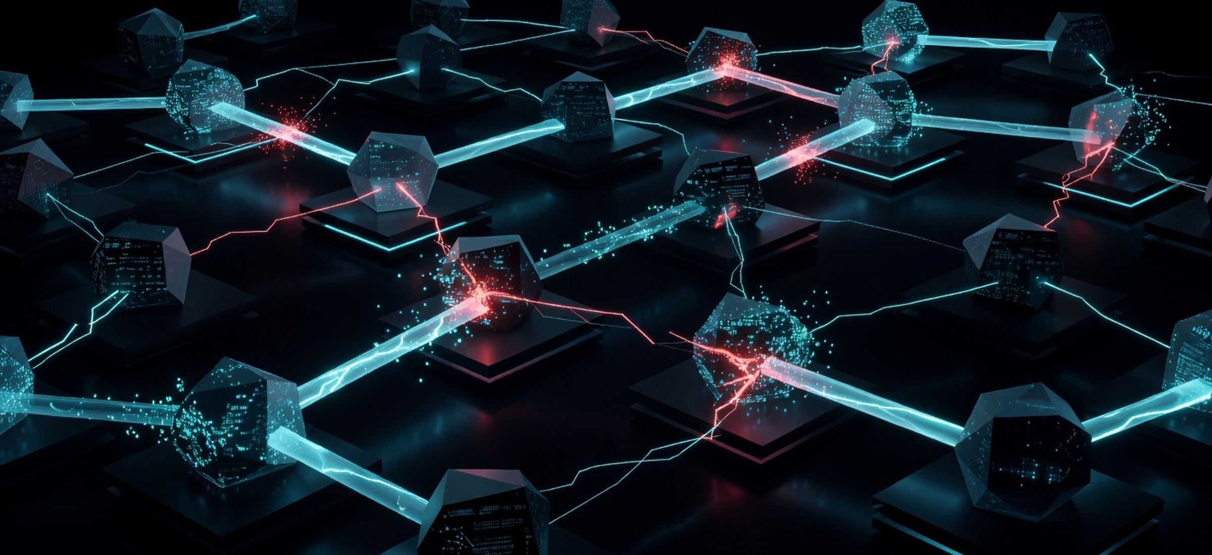 Interconnected blockchain nodes with glowing cross-chain bridges severed by warning signals, dark cybersecurity editorial illustration