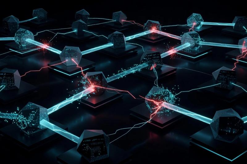 Interconnected blockchain nodes with glowing cross-chain bridges severed by warning signals, dark cybersecurity editorial illustration