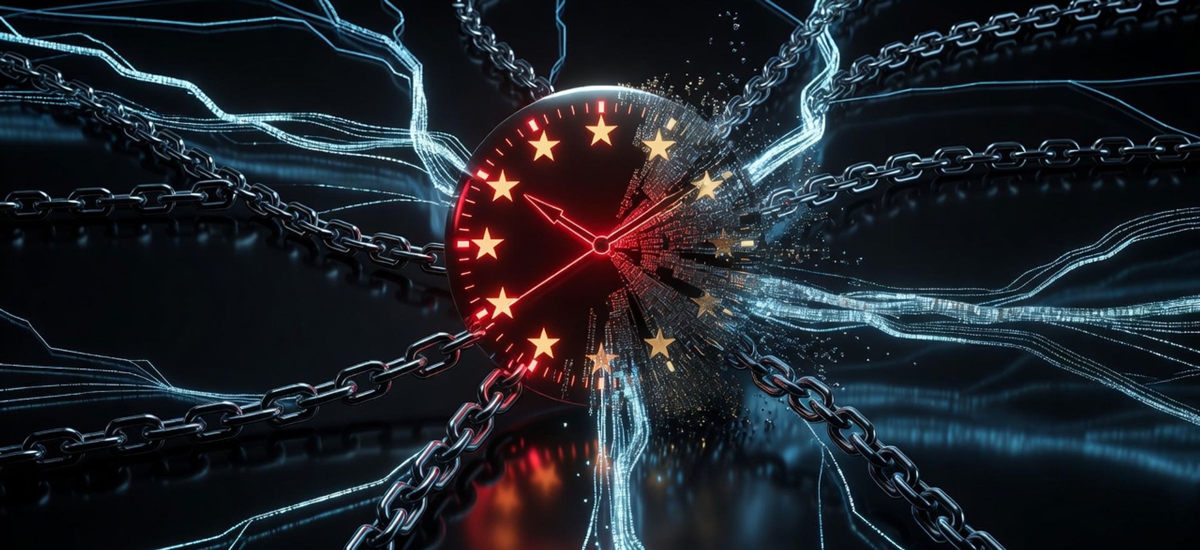 European regulatory enforcement visualization with EU stars, digital chains, and cyan data flows on dark background