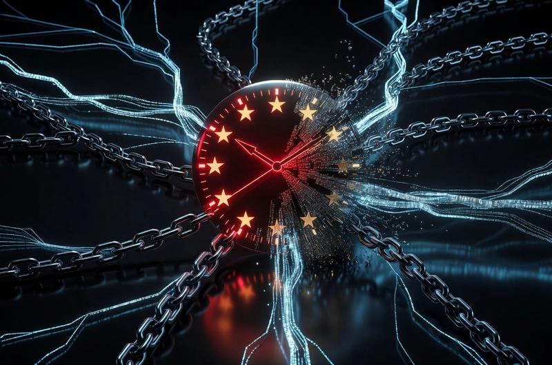 European regulatory enforcement visualization with EU stars, digital chains, and cyan data flows on dark background