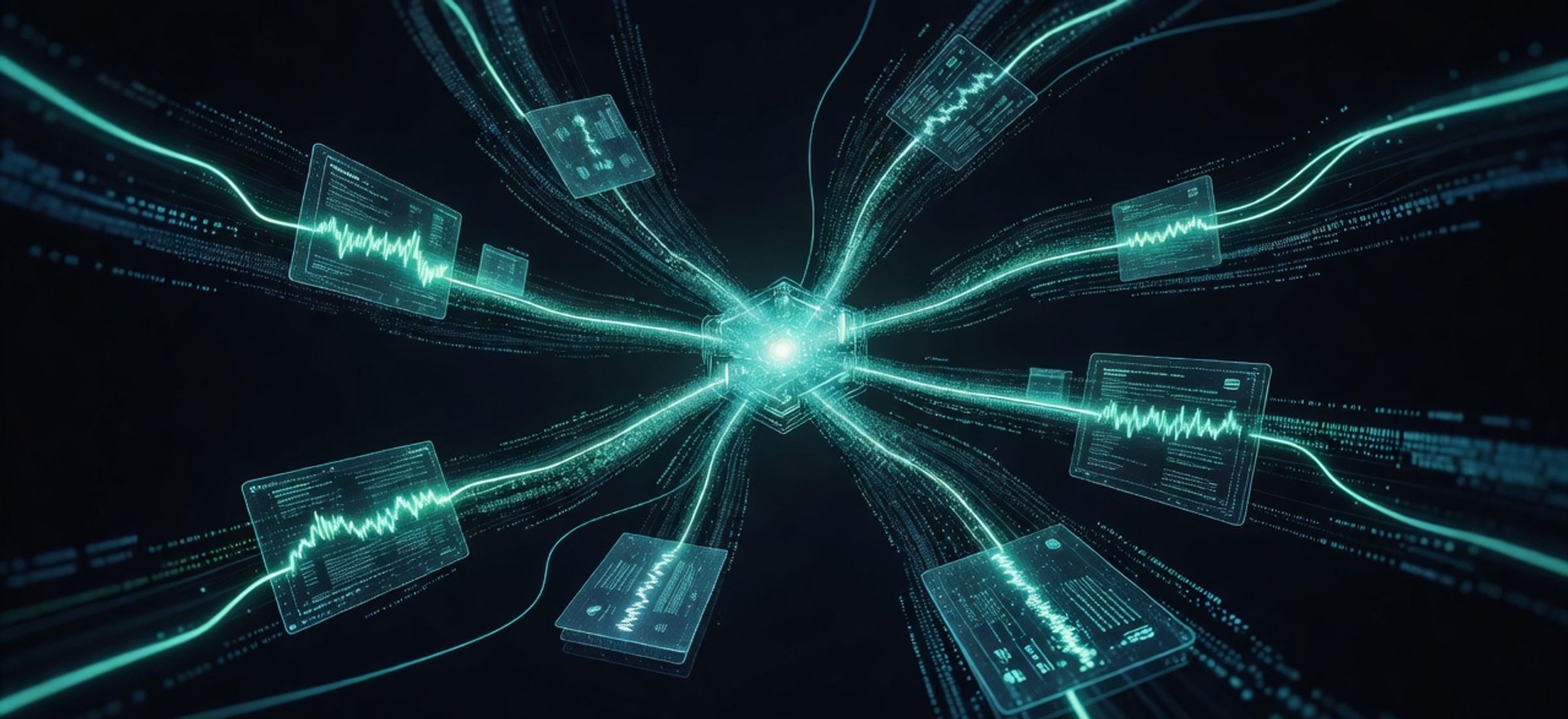 Tokenized real-world assets converging into a Solana blockchain node, dark obsidian background with electric cyan neon accents