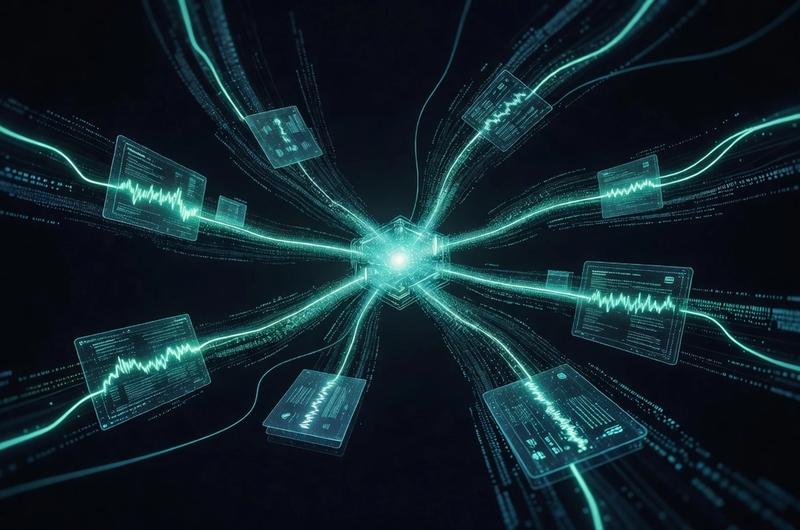 Tokenized real-world assets converging into a Solana blockchain node, dark obsidian background with electric cyan neon accents