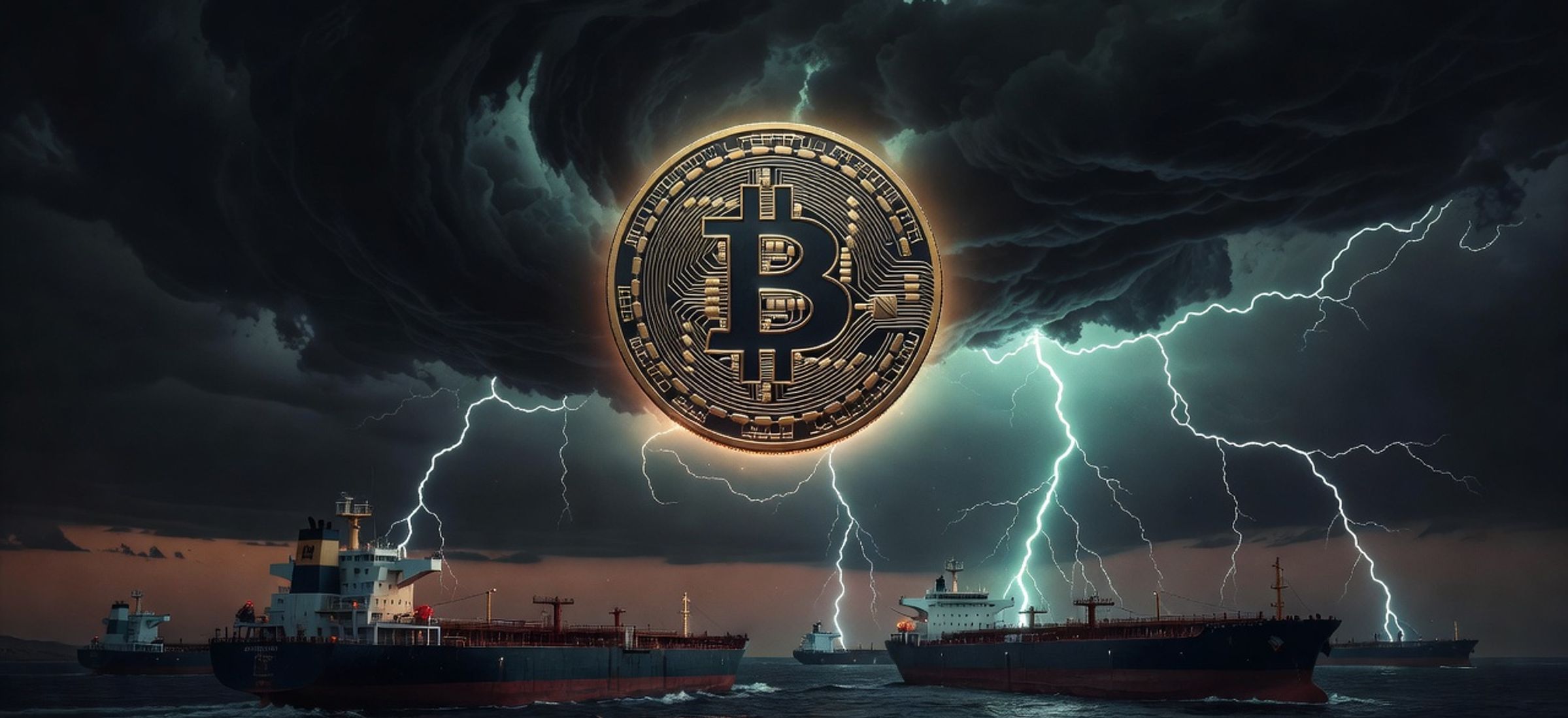 Bitcoin coin suspended above oil tankers in the Strait of Hormuz at dusk with dramatic dark skies