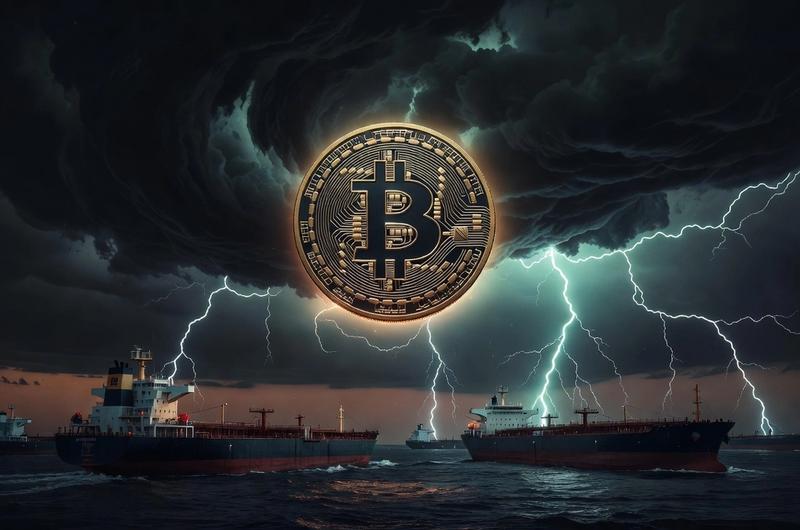 Bitcoin coin suspended above oil tankers in the Strait of Hormuz at dusk with dramatic dark skies