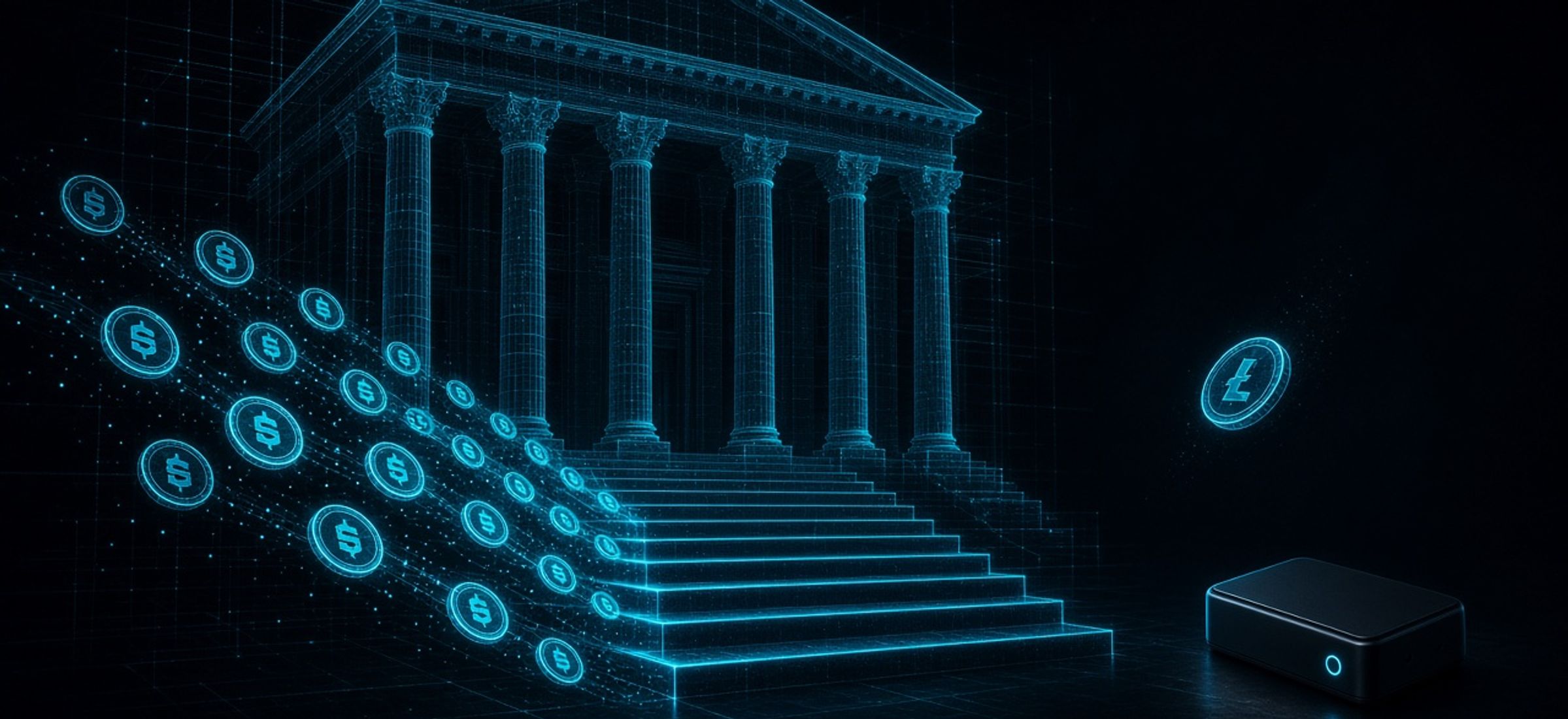 Glowing cyan wireframe regulator building with a staircase of crypto coins flowing up, while one coin drifts toward a self-custody hardware wallet
