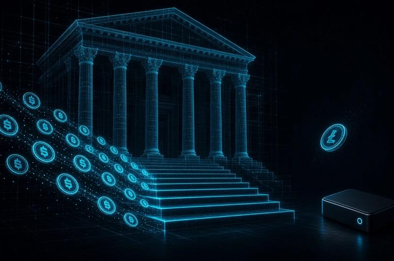Glowing cyan wireframe regulator building with a staircase of crypto coins flowing up, while one coin drifts toward a self-custody hardware wallet