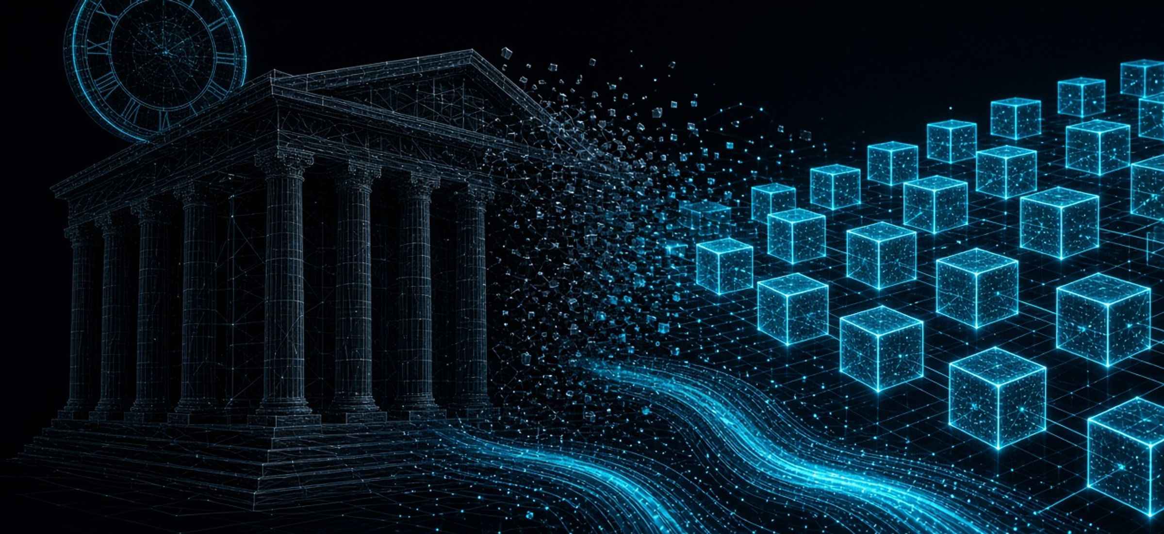 Wireframe stock exchange facade dissolving into glowing cyan blockchain blocks on a dark background