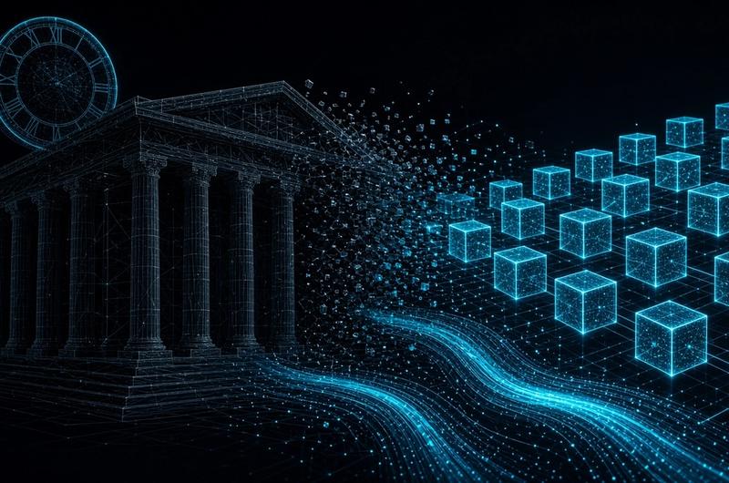 Wireframe stock exchange facade dissolving into glowing cyan blockchain blocks on a dark background