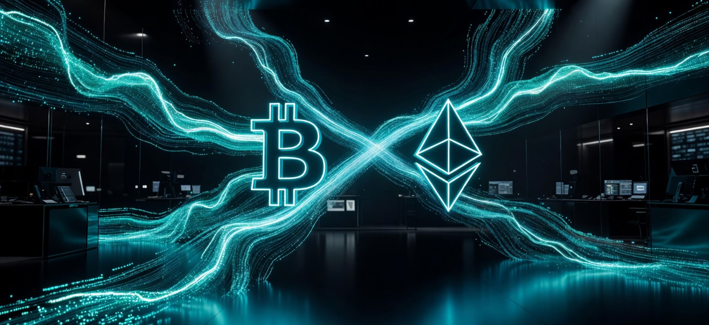 Abstract editorial illustration showing capital flows from Bitcoin into Ethereum, dark obsidian background with electric cyan accents
