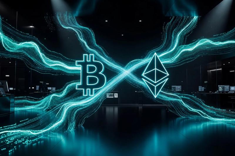 Abstract editorial illustration showing capital flows from Bitcoin into Ethereum, dark obsidian background with electric cyan accents