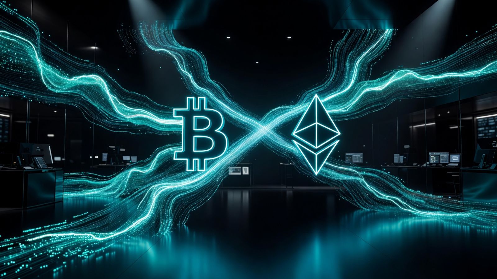 Abstract editorial illustration showing capital flows from Bitcoin into Ethereum, dark obsidian background with electric cyan accents