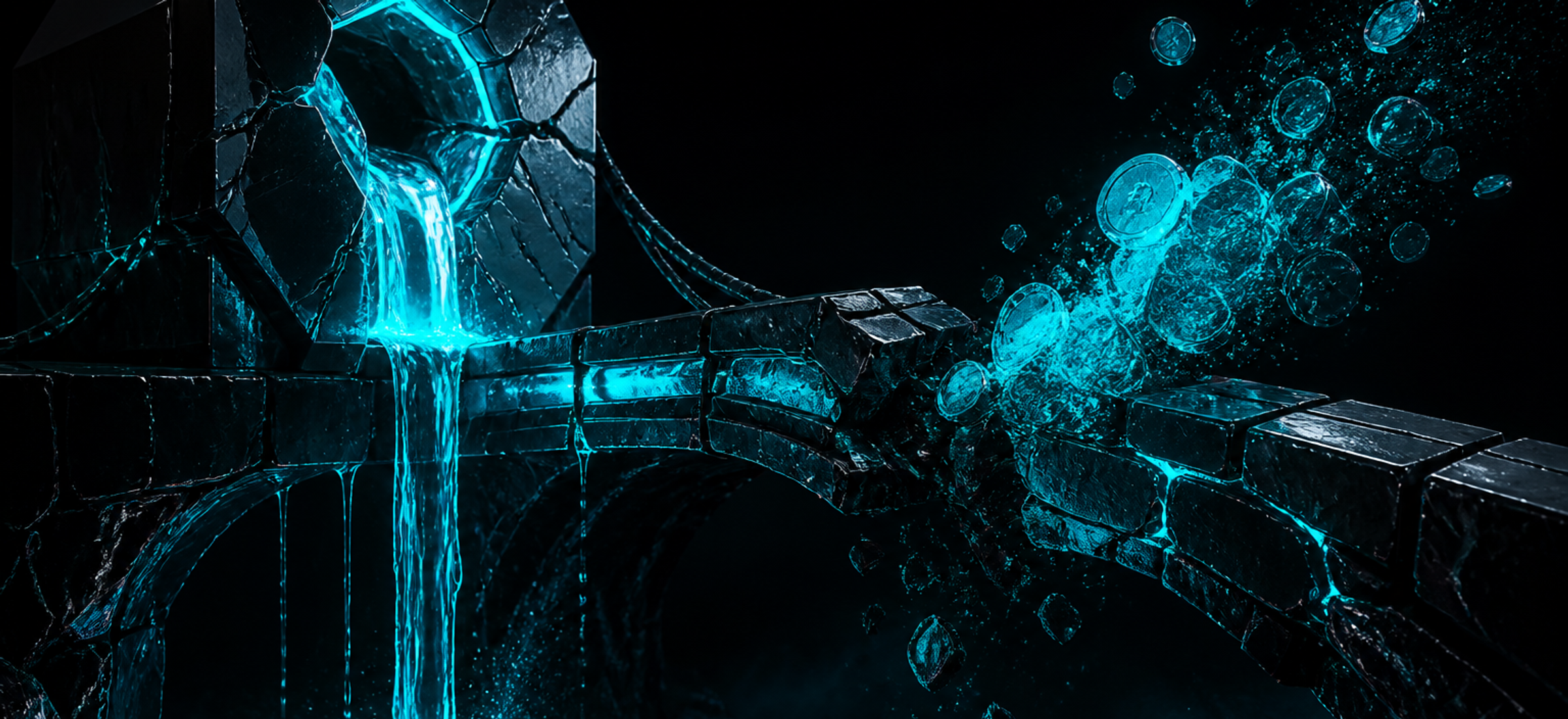 Obsidian bridge fracturing as electric cyan liquid and coins spill into darkness