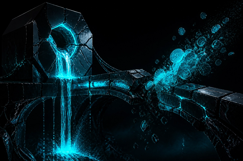 Obsidian bridge fracturing as electric cyan liquid and coins spill into darkness