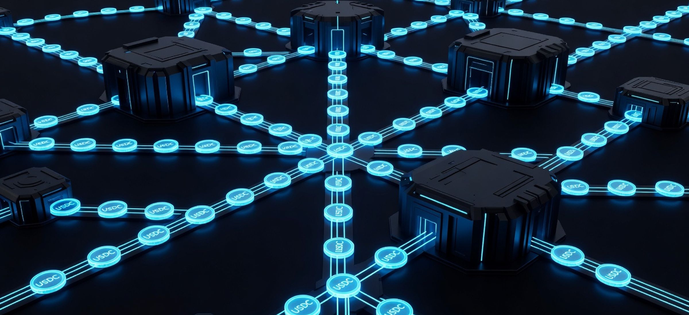 Glowing stablecoin settlement network with institutional nodes connected by luminous data rails