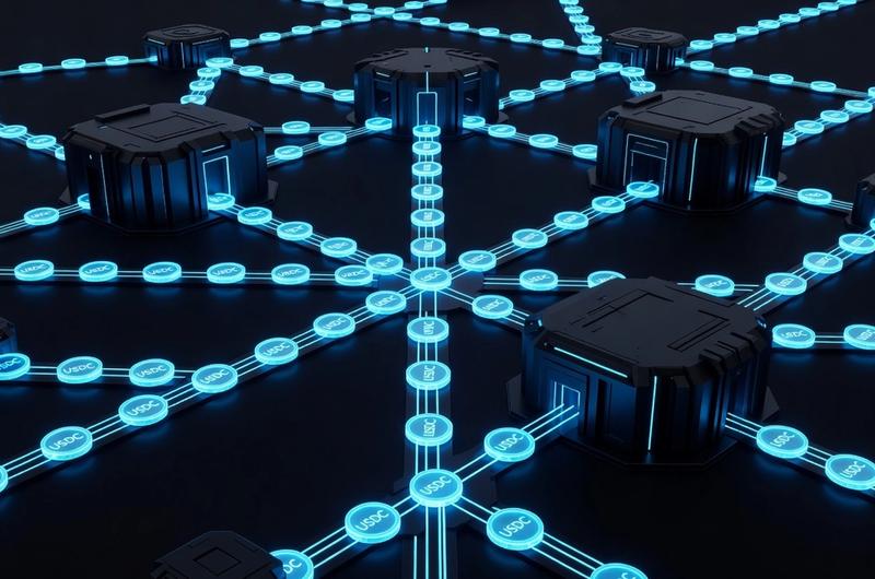 Glowing stablecoin settlement network with institutional nodes connected by luminous data rails