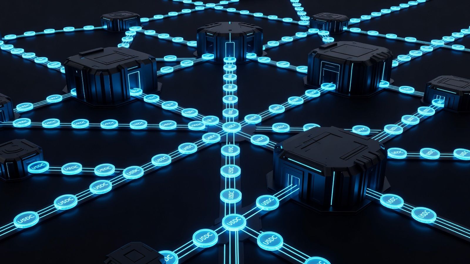 Glowing stablecoin settlement network with institutional nodes connected by luminous data rails