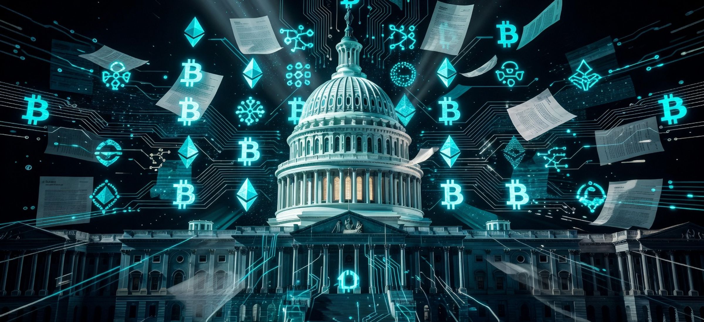 Abstract illustration of the U.S. Capitol dome surrounded by cryptocurrency symbols and circuit patterns