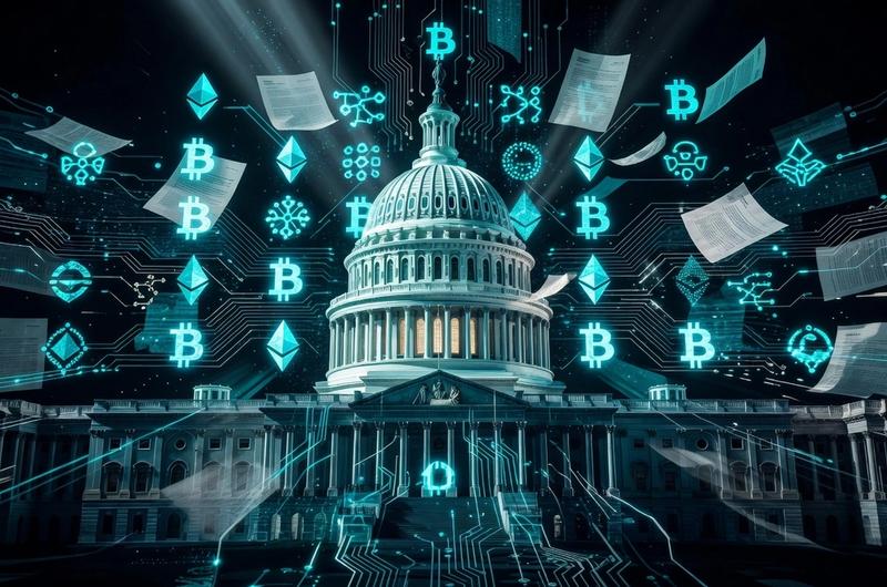 Abstract illustration of the U.S. Capitol dome surrounded by cryptocurrency symbols and circuit patterns