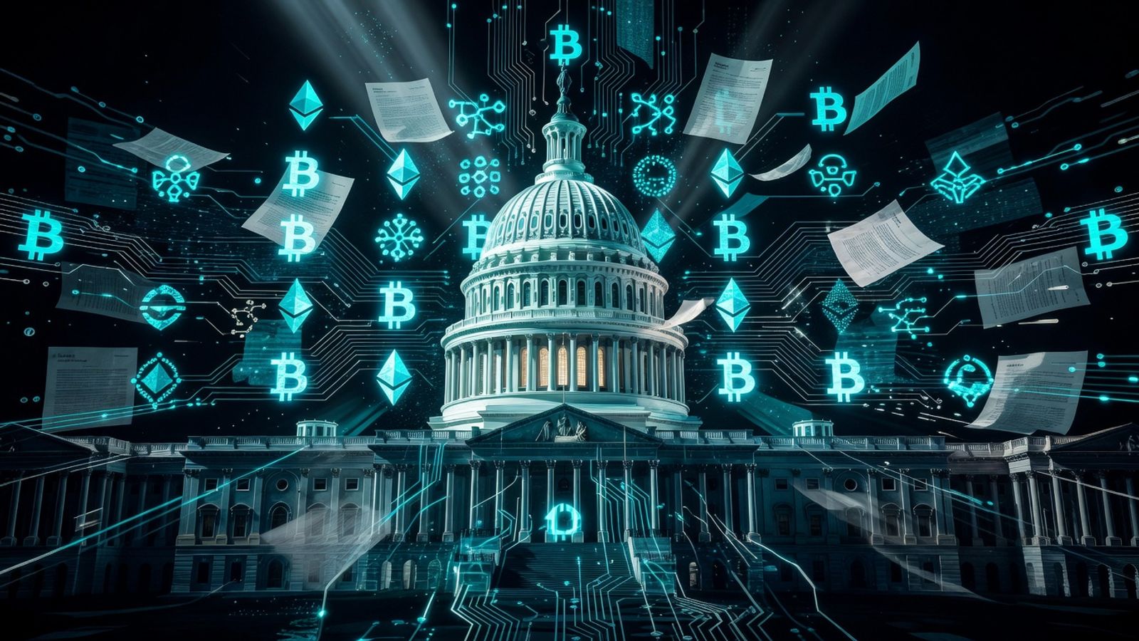 Abstract illustration of the U.S. Capitol dome surrounded by cryptocurrency symbols and circuit patterns