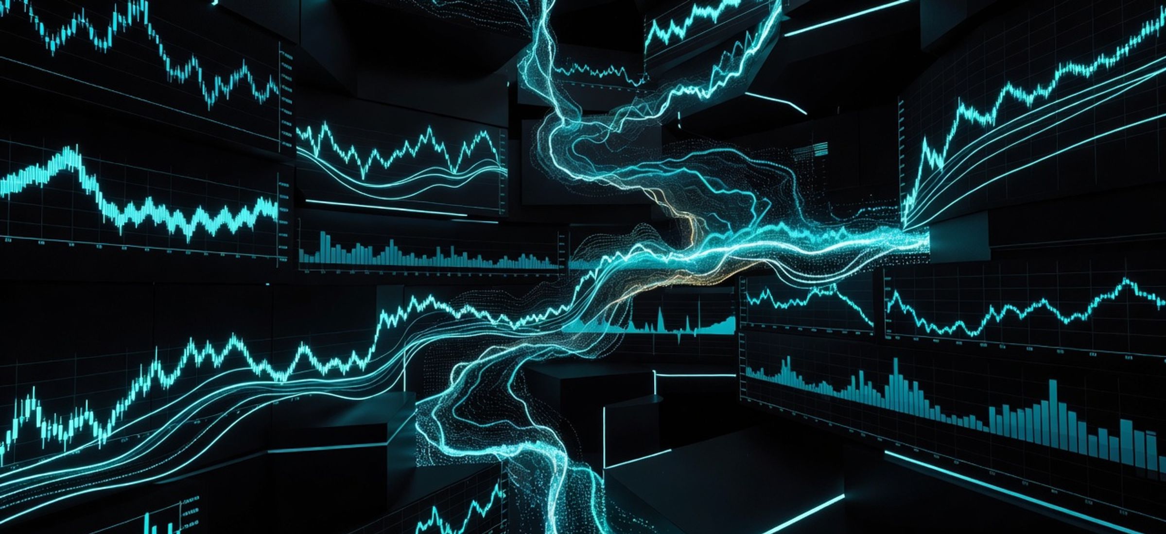 Neon cyan crypto perpetual futures order books and price charts flowing through a dark obsidian terminal environment