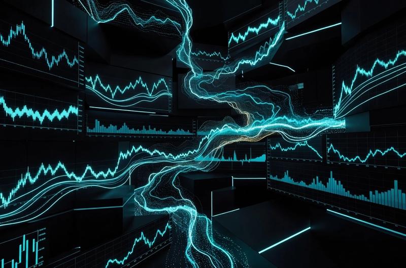 Neon cyan crypto perpetual futures order books and price charts flowing through a dark obsidian terminal environment