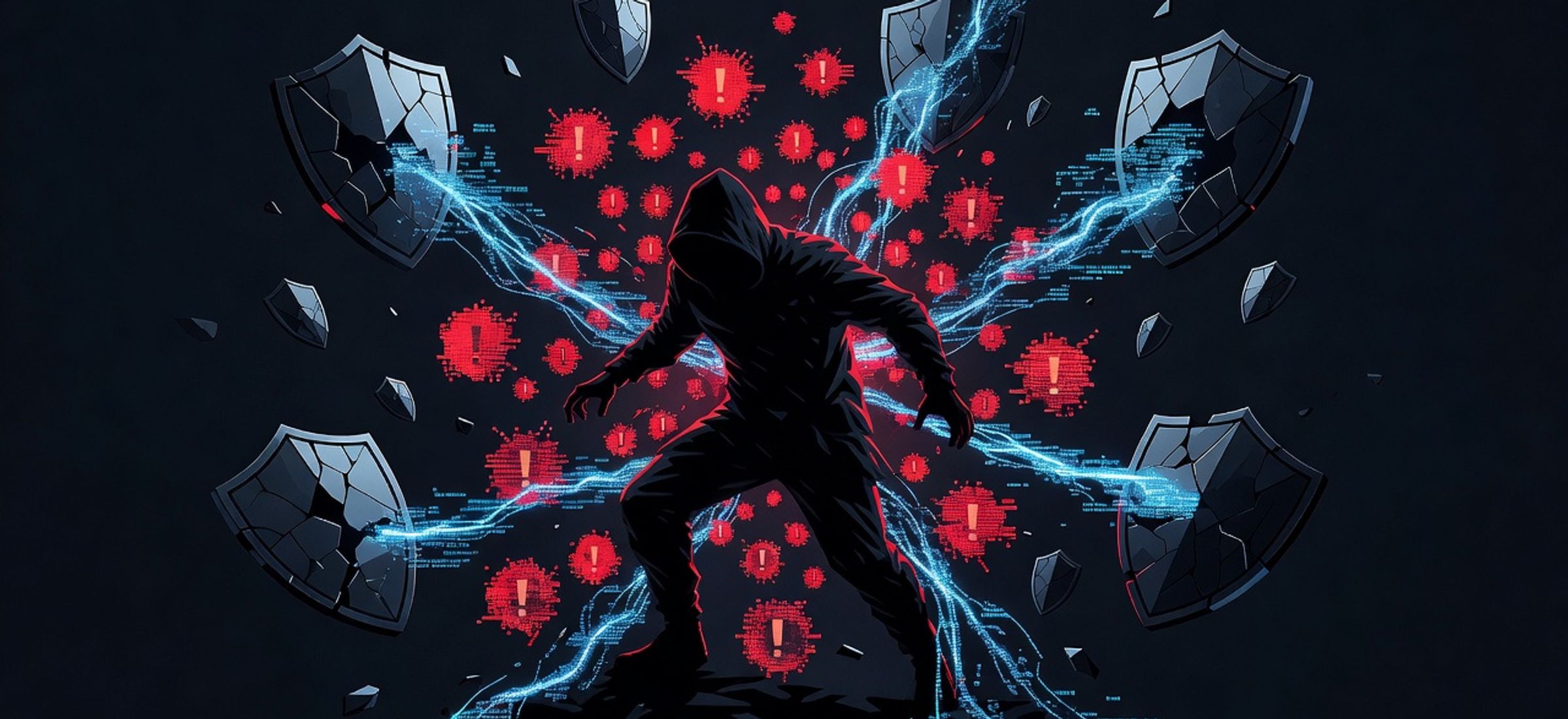 Abstract dark illustration of a shadowy hacker figure surrounded by glowing red exploit warnings and cyan data streams leaking from shattered DeFi protocol shields