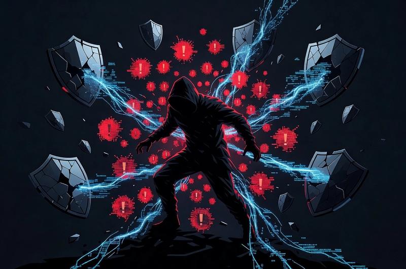 Abstract dark illustration of a shadowy hacker figure surrounded by glowing red exploit warnings and cyan data streams leaking from shattered DeFi protocol shields