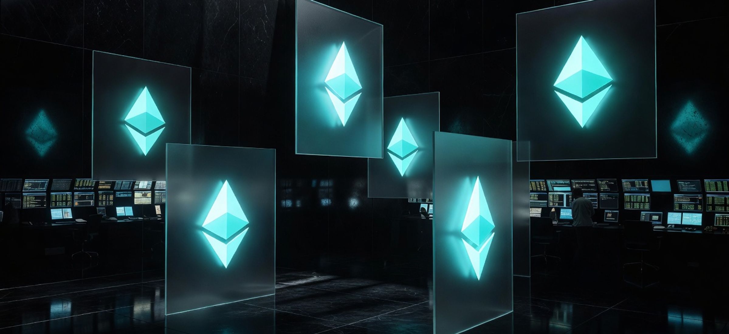 Ethereum ETH symbols suspended in regulatory limbo with institutional trading floors in background