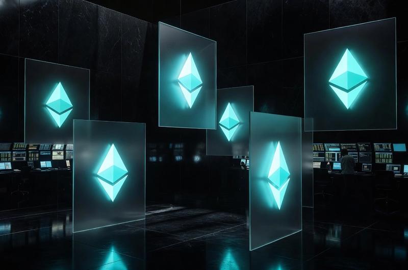 Ethereum ETH symbols suspended in regulatory limbo with institutional trading floors in background