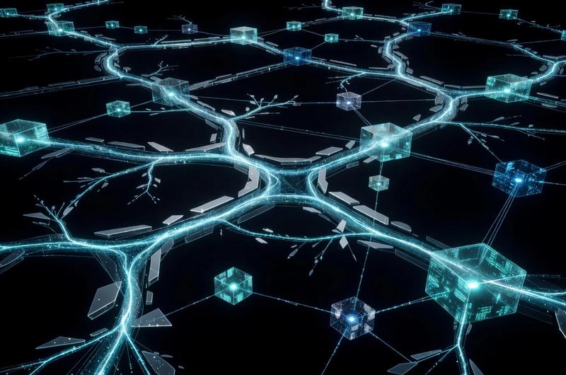 Abstract visualization of NEAR Protocol's dynamic resharding — interconnected blockchain shards auto-scaling with glowing cyan data flows on obsidian background