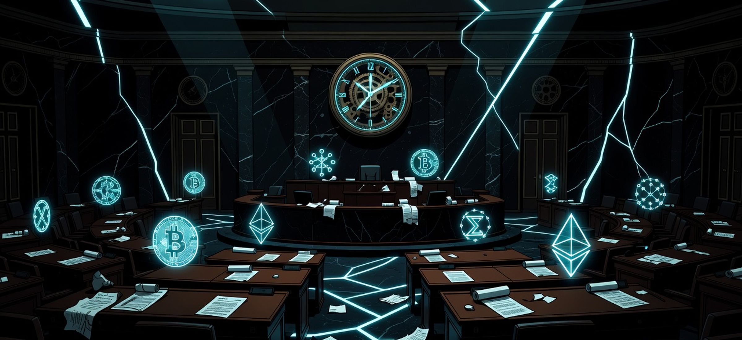 Darkened Senate chamber with glowing crypto symbols and a ticking clock, electric cyan neon highlights