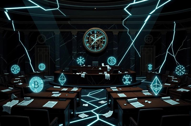 Darkened Senate chamber with glowing crypto symbols and a ticking clock, electric cyan neon highlights