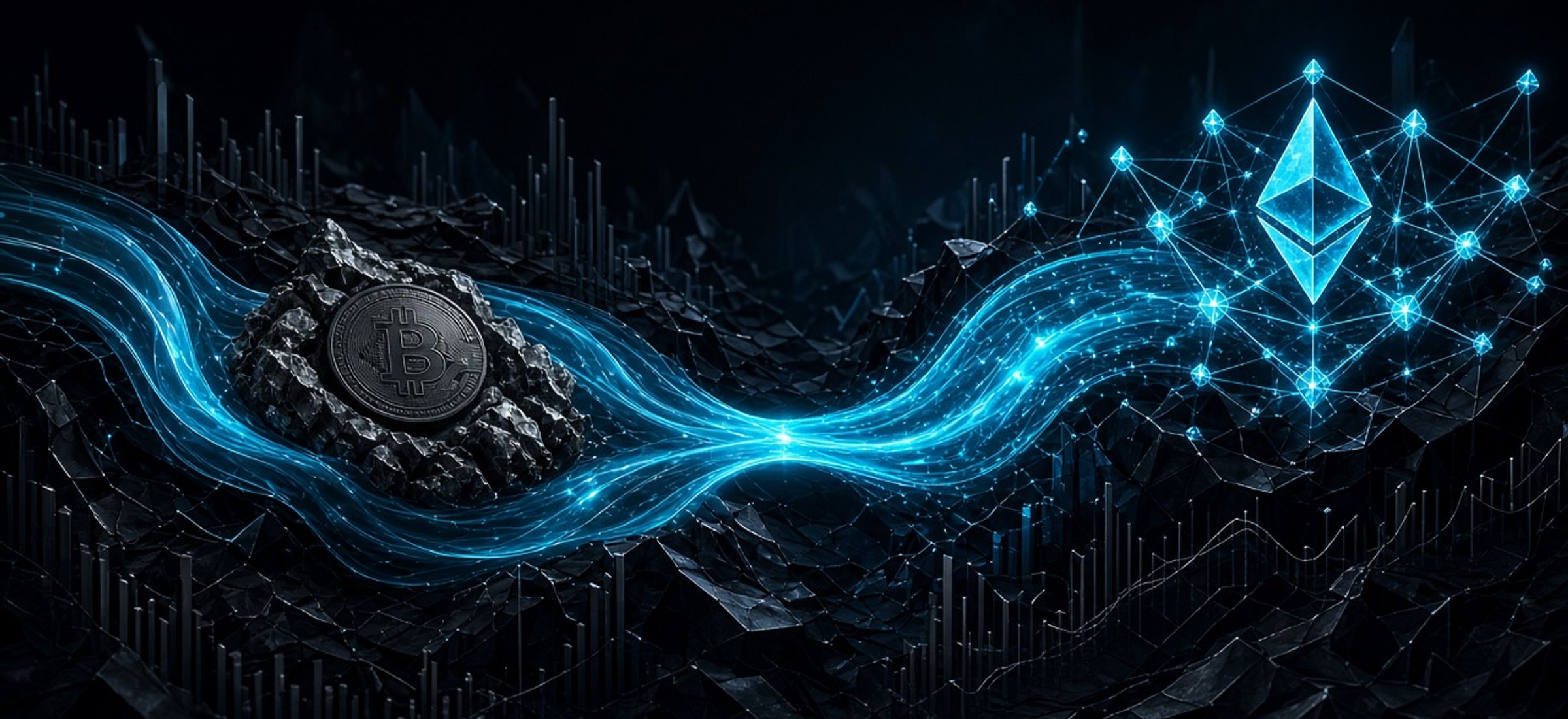 Abstract Terminal Luxe illustration of capital rotating from bitcoin toward ethereum amid cyan neon market flows