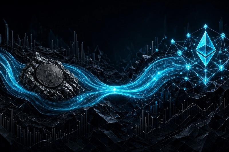 Abstract Terminal Luxe illustration of capital rotating from bitcoin toward ethereum amid cyan neon market flows