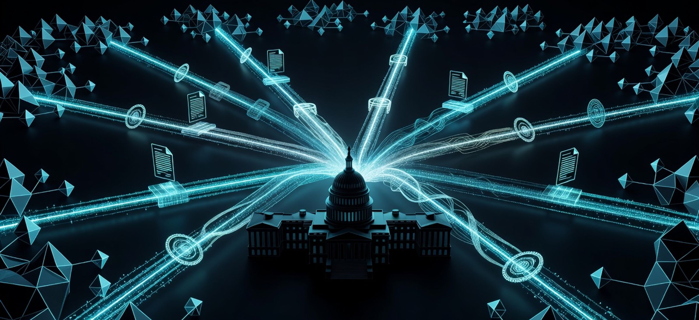 Blockchain nodes and regulatory document seals converging on a government building silhouette against dark background with cyan accents
