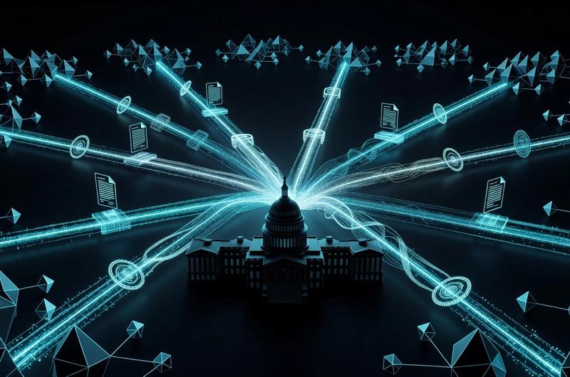 Blockchain nodes and regulatory document seals converging on a government building silhouette against dark background with cyan accents