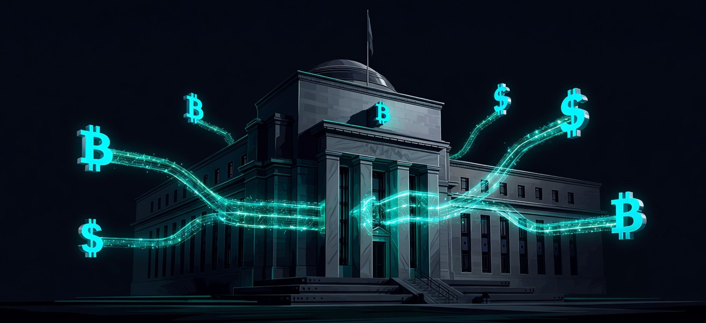Federal Reserve building connected by glowing blockchain payment rails to bitcoin and stablecoin symbols